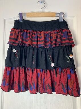 Tricotto Artistic Tiered Skirt M – Boho Folk Statement Embroidered Unique Piece